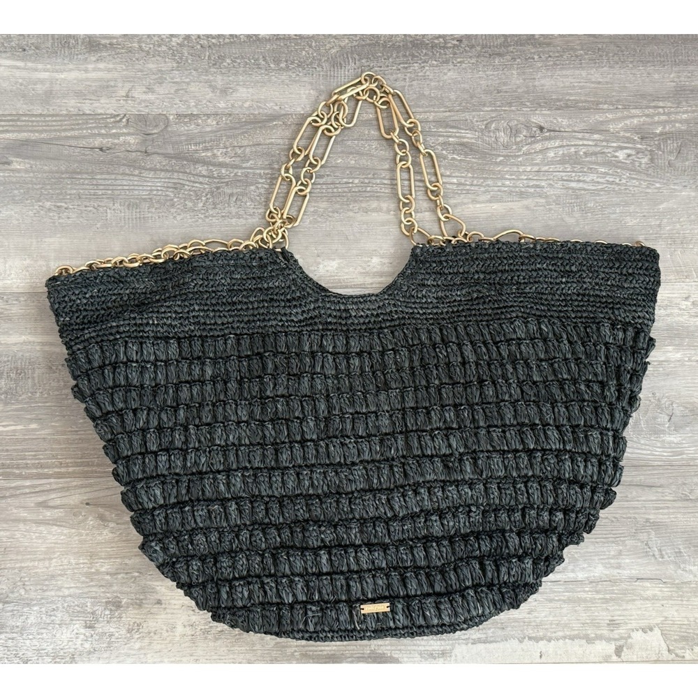 Cult Gaia Samira Wing Large Tote Bag Black Raffia/Straw Gold Chain Designer Beac